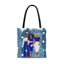 Load image into Gallery viewer, The Sisterhood Blue/White AOP Tote Bag
