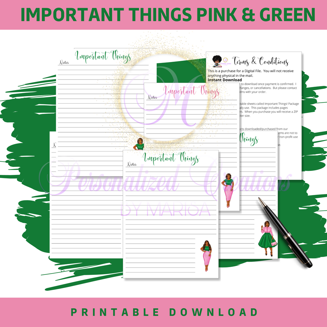 Important Things Pink & Green- Printable Download