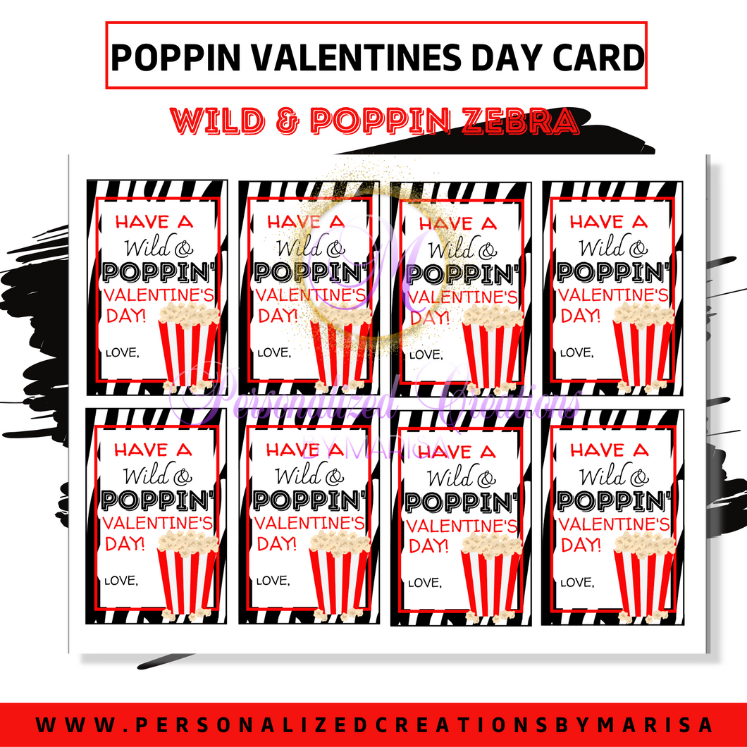 Wild & Poppin Zebra- Printable Valentines Day Card