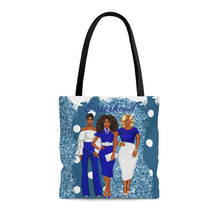 Load image into Gallery viewer, The Sisterhood Blue/White AOP Tote Bag
